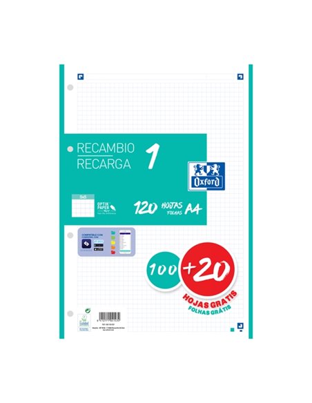 Recharge Oxford School A4 120 feuilles quadrillées 5 x 5 mm - 4 trous - Bande couleur menthe glacée