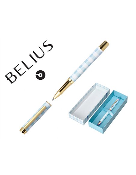 Stylo-bille belius picnic aluminium encre bleue coloris bleu ciel dore boite design.