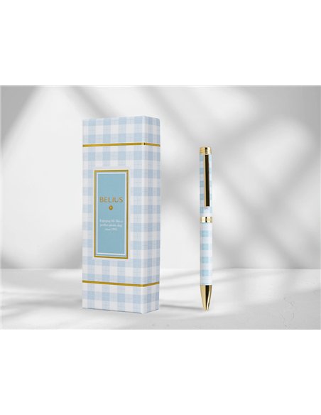 Stylo-bille belius picnic aluminium encre bleue coloris bleu ciel dore boite design.