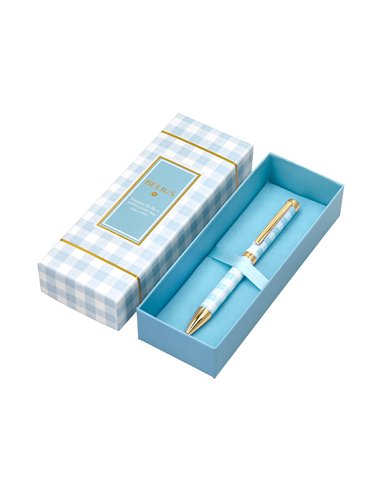 Stylo-bille belius picnic aluminium encre bleue coloris bleu ciel dore boite design.