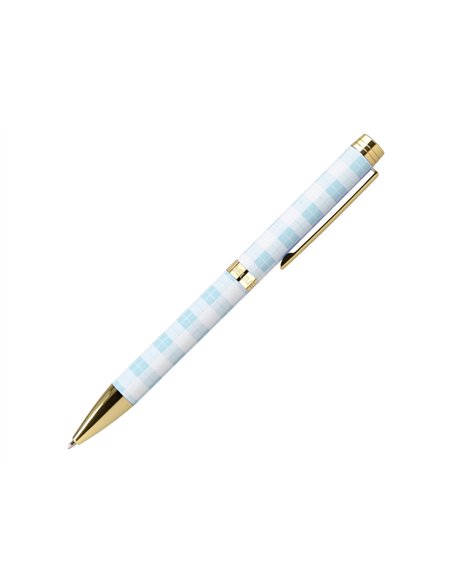 Stylo-bille belius picnic aluminium encre bleue coloris bleu ciel dore boite design.