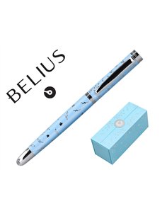 Stylo-plume belius collection1 aluminium encre bleue coloris bleu ciel design relief argente boite.
