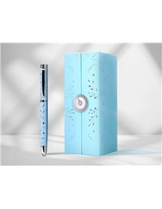 Stylo-plume belius collection1 aluminium encre bleue coloris bleu ciel design relief argente boite. 2