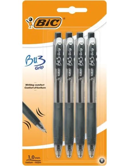 Lot de 4 stylos à bille rétractables Bic Bu3 - Pointe moyenne 1 mm - Course 0,32 mm - Grip caoutchouc - Écriture fluide - Noir