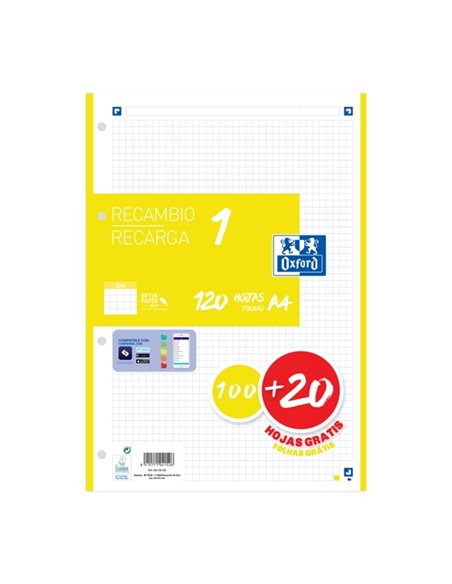Recharge Oxford School A4 120 feuilles quadrillées 5 x 5 mm - 4 trous - Bande jaune
