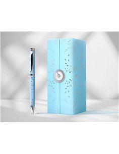 Stylo-bille belius collection1 aluminium encre bleue coloris bleu ciel design relief argente boite. 2
