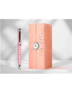 Stylo-plume belius collection1 aluminium encre bleue coloris rose design relief argente boite design. 2