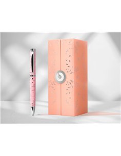 Stylo-bille belius collection1 aluminium encre bleue coloris rose design relief argente boite design. 2