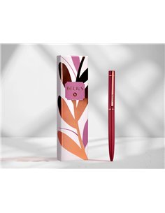 Stylo-bille belius rose corps aluminium encre bleue coloris bordeaux or rose boite design. 2
