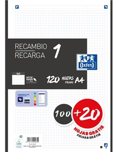 Recharge Oxford School A4 120 feuilles quadrillées 5 x 5 mm - 4 trous - Bande noire