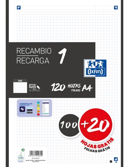 Recharge Oxford School A4 120 feuilles quadrillées 5 x 5 mm - 4 trous - Bande noire