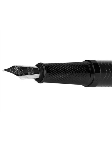 Stylo-plume belius neptuno corps aluminium texture wavy encre bleue coloris bleu marine boite design.