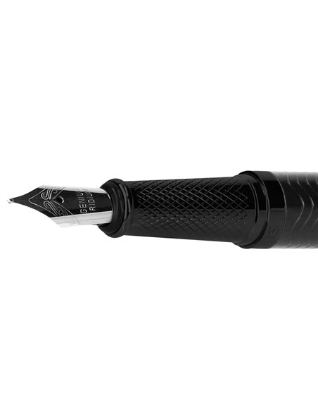 Stylo-plume belius neptuno corps aluminium texture wavy encre bleue coloris bleu marine boite design.