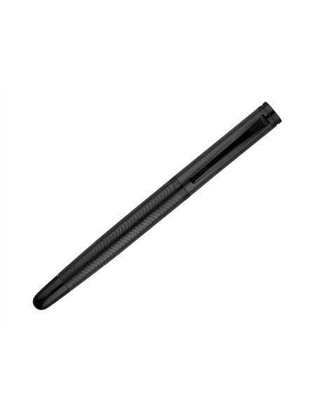 Stylo-bille belius neptuno corps aluminium texture wavy encre bleue coloris noir boite design.