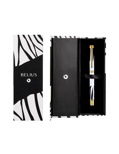 Roller belius b&w aluminium attributs or encre noire coloris noir zebrures blanches dans coffret cadeau.