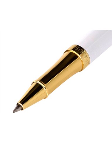 Roller belius b&w aluminium attributs or encre noire coloris noir zebrures blanches dans coffret cadeau.