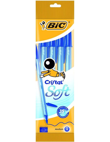 Lot de 4 stylos à bille Bic Cristal Soft - Pointe moyenne 1,2 mm - Course 0,45 mm - Écriture fluide - Bleu