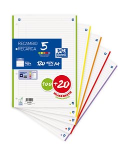 Lot de 5 recharges A4 Oxford School - Promotion 1 ligne - 100 + 20 feuilles - Couleurs assorties