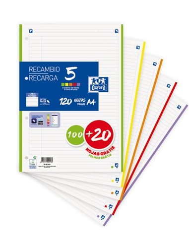 Lot de 5 recharges A4 Oxford School - Promotion 1 ligne - 100 + 20 feuilles - Couleurs assorties
