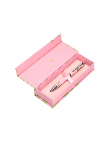 Stylo-bille belius ink dreams aluminium attributs argent encre bleue coloris rose ondulations vert matcha coffret cadeau.
