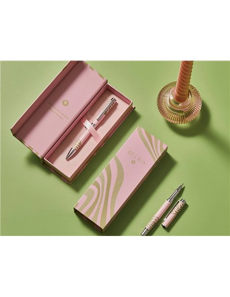 Stylo-bille belius ink dreams aluminium attributs argent encre bleue coloris rose ondulations vert matcha coffret cadeau.