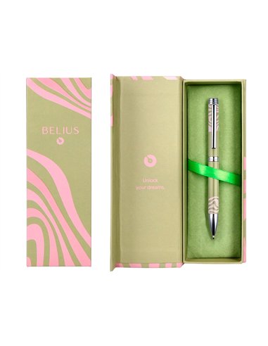 Stylo-bille belius ink dreams aluminium attributs argent encre bleue coloris vert matcha ondulations rose coffret cadeau.