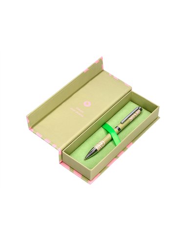 Stylo-bille belius ink dreams aluminium attributs argent encre bleue coloris vert matcha ondulations rose coffret cadeau.
