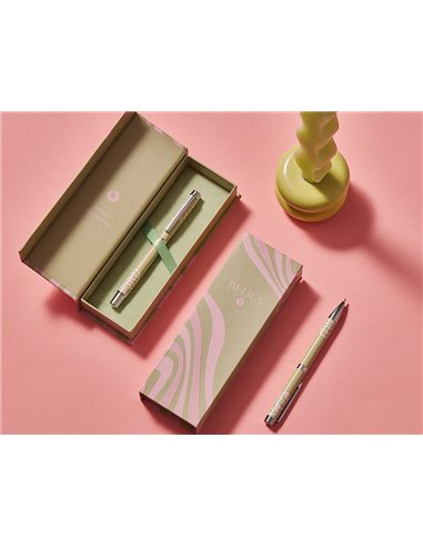 Stylo-bille belius ink dreams aluminium attributs argent encre bleue coloris vert matcha ondulations rose coffret cadeau.