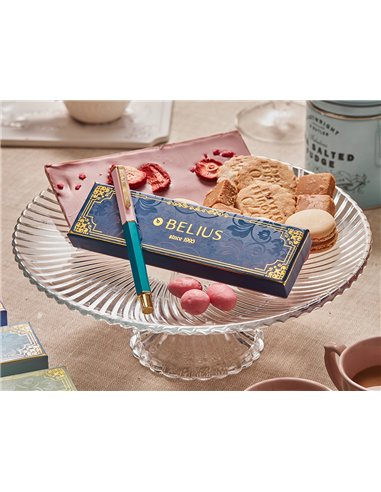 Stylo-bille belius macaron bliss hexagonal aluminium details et attributs or encre bleue col. Bleu/rose coffret cadeau.