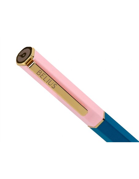 Stylo-bille belius macaron bliss hexagonal aluminium details et attributs or encre bleue col. Bleu/rose coffret cadeau.