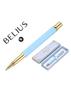 Stylo-bille belius macaron bliss hexagonal aluminium details et attributs or encre bleue coloris bleu coffret cadeau.