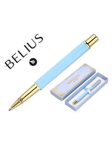 Stylo-bille belius macaron bliss hexagonal aluminium details et attributs or encre bleue coloris bleu coffret cadeau.