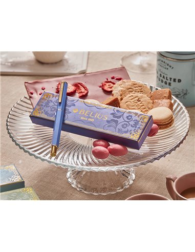 Stylo-bille belius macaron bliss hexagonal aluminium details et attributs or encre bleue coloris mauve coffret cadeau.