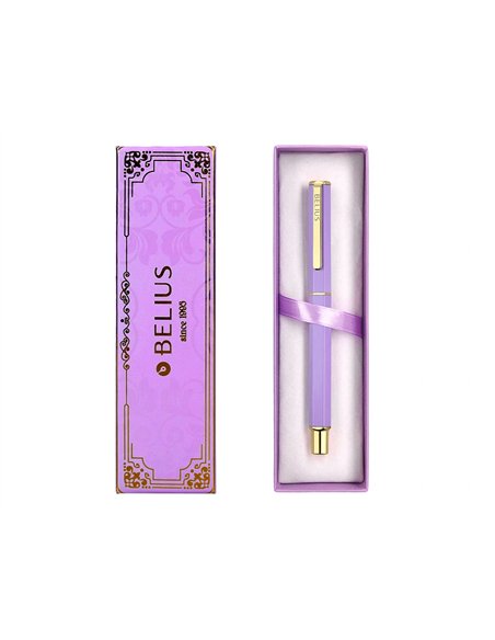 Stylo-bille belius macaron bliss hexagonal aluminium details et attributs or encre bleue coloris mauve coffret cadeau.