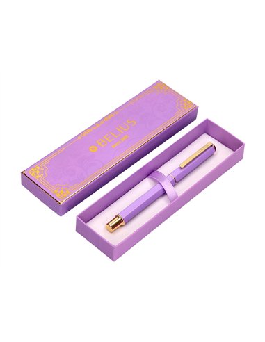 Stylo-bille belius macaron bliss hexagonal aluminium details et attributs or encre bleue coloris mauve coffret cadeau.