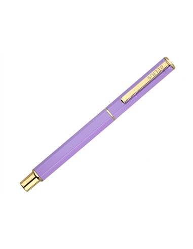 Stylo-bille belius macaron bliss hexagonal aluminium details et attributs or encre bleue coloris mauve coffret cadeau.