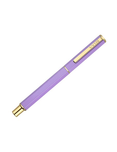 Stylo-bille belius macaron bliss hexagonal aluminium details et attributs or encre bleue coloris mauve coffret cadeau.