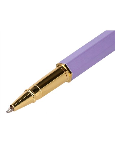 Stylo-bille belius macaron bliss hexagonal aluminium details et attributs or encre bleue coloris mauve coffret cadeau.