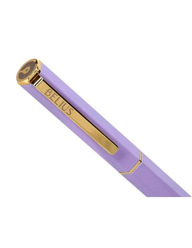 Stylo-bille belius macaron bliss hexagonal aluminium details et attributs or encre bleue coloris mauve coffret cadeau.