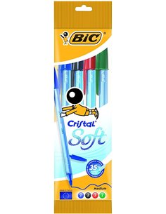Lot de 4 stylos à bille Bic Cristal Soft - Pointe moyenne 1,2 mm - Course 0,45 mm - Écriture fluide - Couleurs assorties