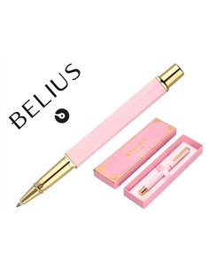 Stylo-bille belius macaron bliss hexagonal aluminium details et attributs or encre bleue coloris rose coffret cadeau.