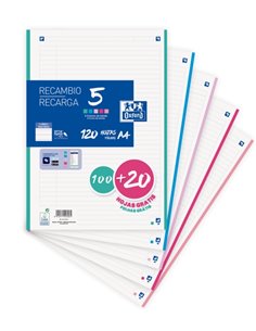 Recharge Oxford School 120 feuilles A4 1 ligne - 4 trous - 5 bandes de couleur