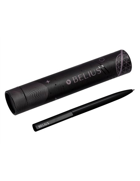 Stylo-bille belius rocket b monochrome sans agrafe encre bleue coloris noir dans coffret cadeau original cylindrique.