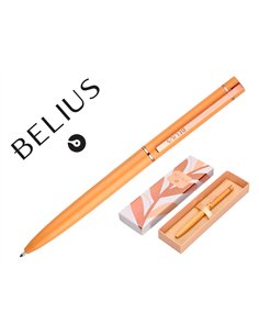 Stylo-bille belius rose aluminium details et attributs or rose encre bleue coloris orange dans coffret cadeau.