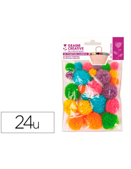 Pompon graine creative polyester diametre 15mm 30mm  ass coloris arc en ciel       sachet de 24u