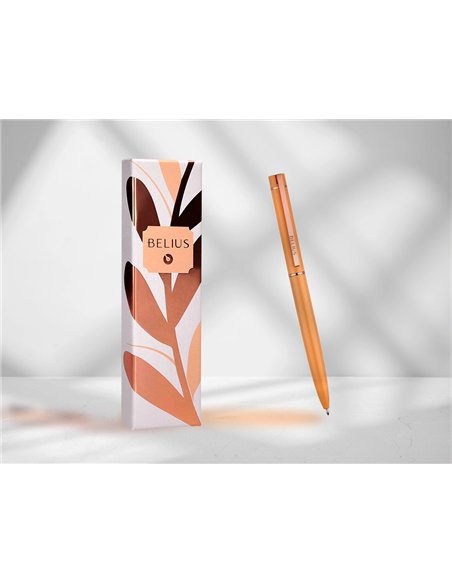 Stylo-bille belius rose aluminium details et attributs or rose encre bleue coloris orange dans coffret cadeau.
