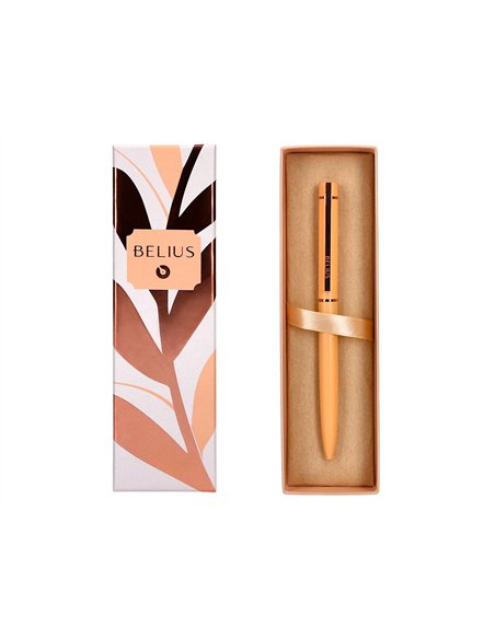 Stylo-bille belius rose aluminium details et attributs or rose encre bleue coloris orange dans coffret cadeau.