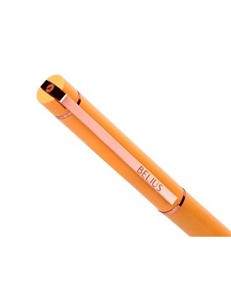 Stylo-bille belius rose aluminium details et attributs or rose encre bleue coloris orange dans coffret cadeau.