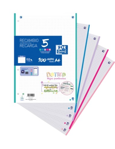 Recharge Oxford 5 Dotted de 100 feuilles A4 à pois 4 trous - Bande de 5 couleurs pastel