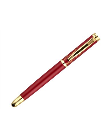 Stylo-bille belius soiree aluminium details et attributs or encre bleue coloris bordeaux dans coffret cadeau.